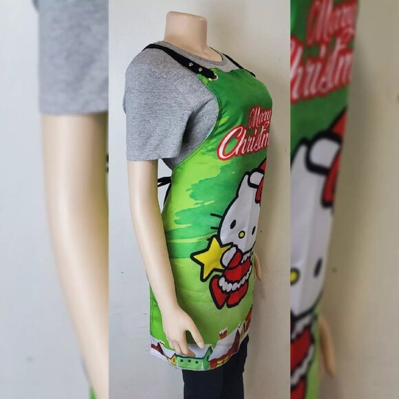 CARTOON CHRISTMAS HELLO KITTY CUTE KITCHEN APRON BIG LOGO GREEN ONESIZE - Picture 4 of 6